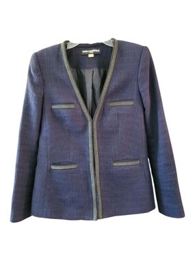 Karl Lagerfeld Paris Navy Collarless Tweed Blazer with Gold Trim - Size 6